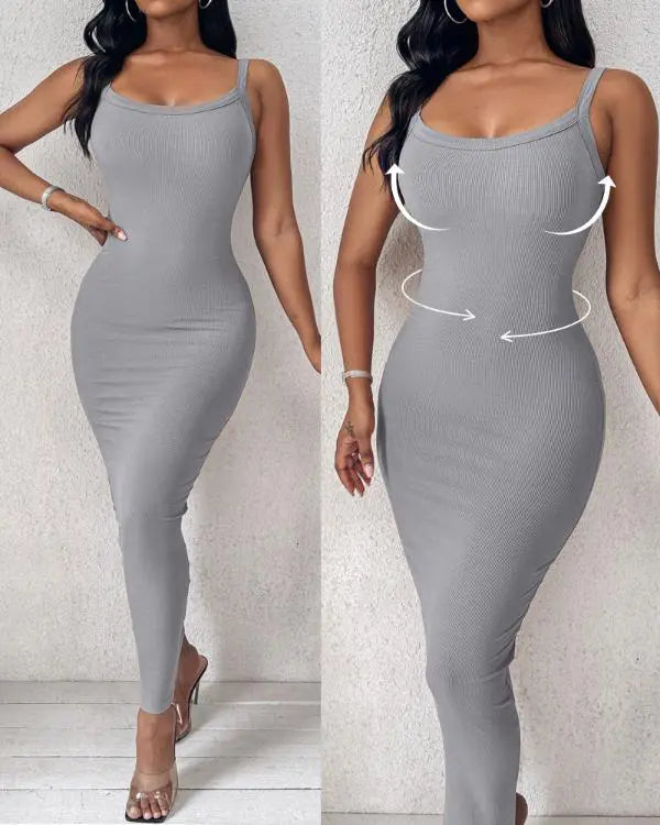 ShapeSculpt Basic Lounge Slip U-Neck Long Dress Elegant Sleeveless Ribbed Bodycon Maxi Dresses