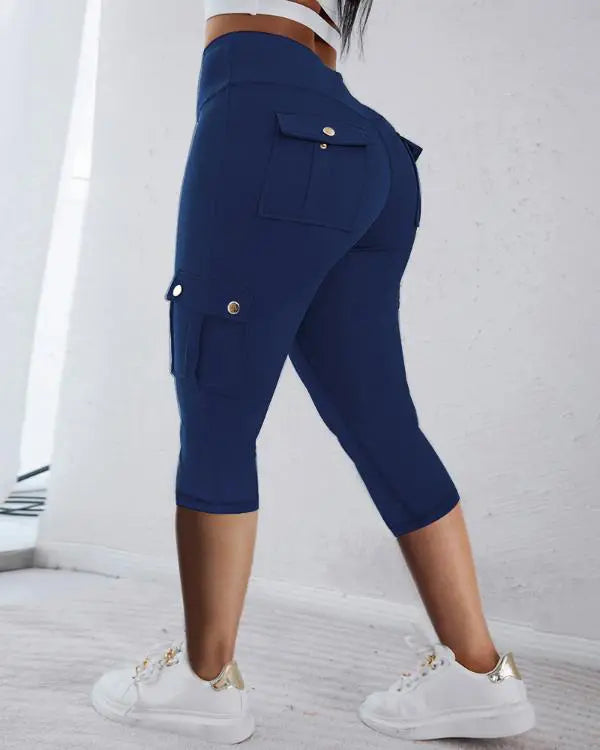 Camouflage Print High Waist Skinny Button Leggings with Pocket Casual Pants