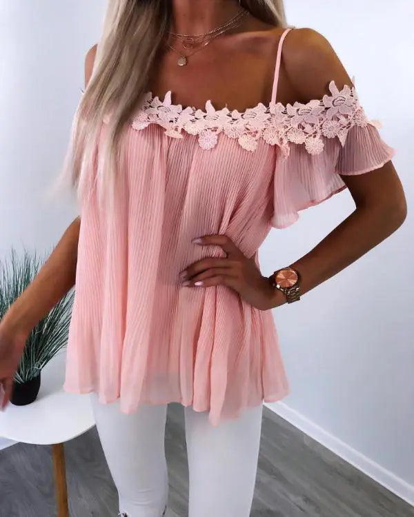 Contrast Lace Cold Shoulder Short Sleeve Ruched Blouse Casual Loose Fit Top