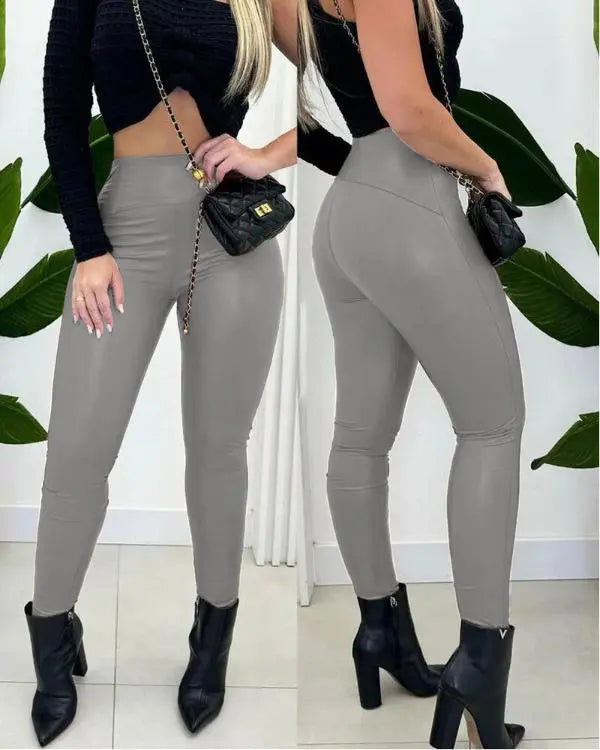 CurveEase PU Leather Leggings High Waist Curved Fleece Lined Tights Casual Pants