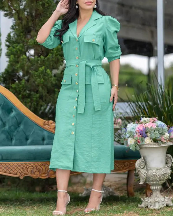 Turn-down Collar Puff Sleeve Button Front Midi Dress Casual Pocket Design A Line Dress with Belt