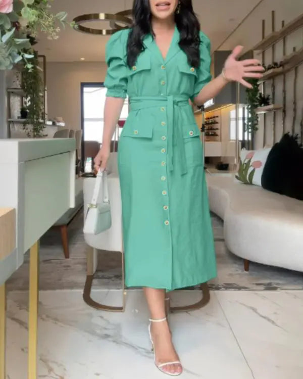 Turn-down Collar Puff Sleeve Button Front Midi Dress Casual Pocket Design A Line Dress with Belt
