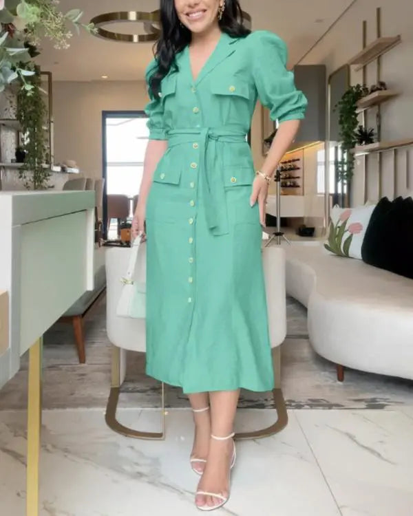 Turn-down Collar Puff Sleeve Button Front Midi Dress Casual Pocket Design A Line Dress with Belt