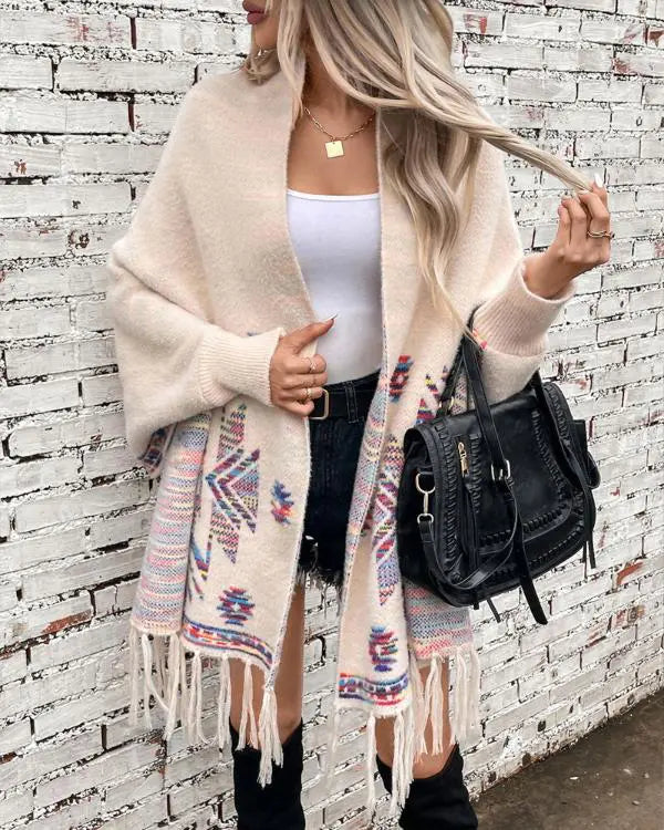 Fuzzy Collar Shawl Poncho Knit Cardigan