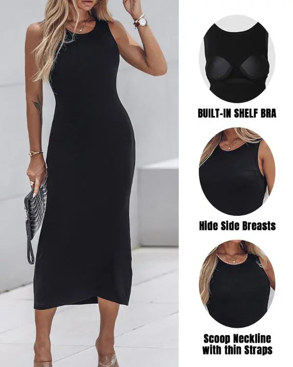 ShapeSculpt Shapewear Built-in Bra Tank Bodycon Dress Sleeveless Crew Neck Slim Casual Ribbed Mid-calf Dress