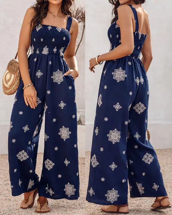 Graphic Print Thick Strap Square Neck Shirred Jumpsuit Wide Leg Vacation Overalls with Pockets