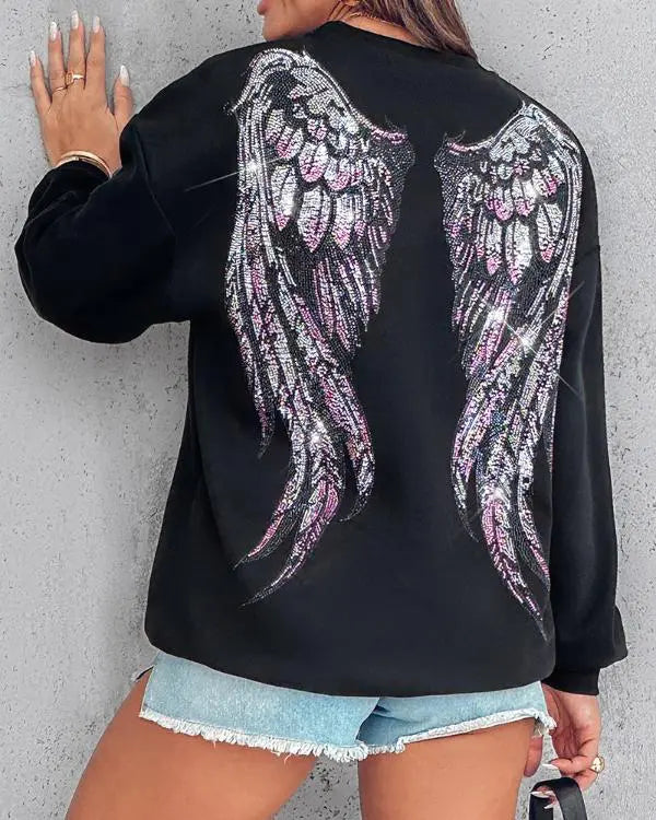 Crewneck Rhinestone Decor Sweatshirts Loose Long Sleeve Pullover Tops