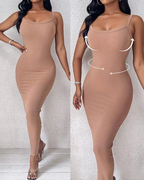 ShapeSculpt Basic Lounge Slip U-Neck Long Dress Elegant Sleeveless Ribbed Bodycon Maxi Dresses
