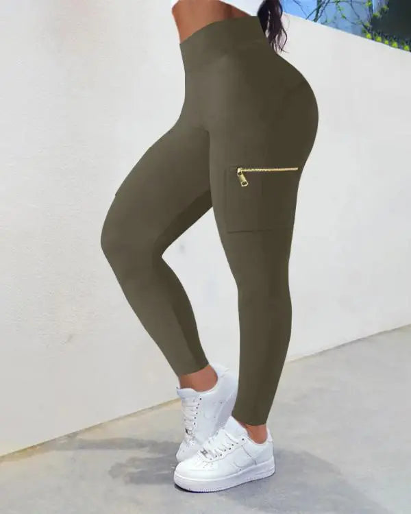 Zipper Pocket Slim Fit Yoga Pants Casual High Waist Workout Pants