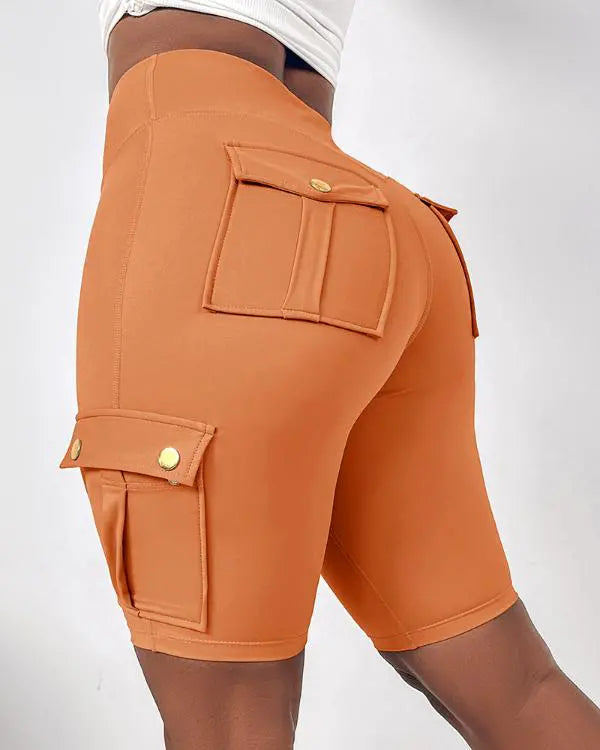 Tummy Control Butt Lifting Active Shorts High Waist Flap Pocket Workout Bermuda Cargo Running Shorts