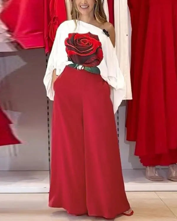 Rose Print Lantern Sleeve Top