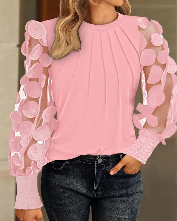 Contrast Lace Round Neck Lantern Sleeve Ruched Blouse Elegant Shirt