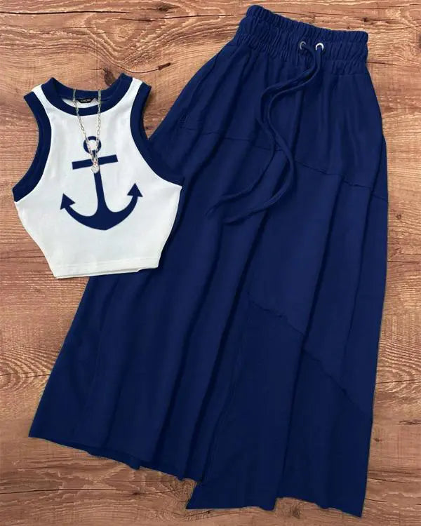 2 Pieces Contrast Paneled Anchor Print Sleeveless Tank Top and Drastring Strechy Waist Skirt Set