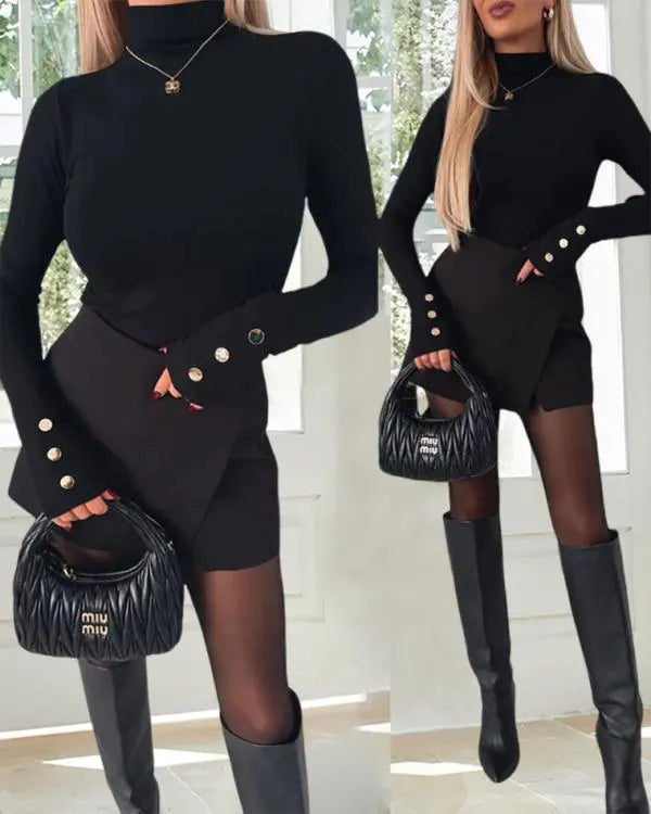 Mock Neck Long Sleeve Button Detail Shirts Slim Fit Pullover Top