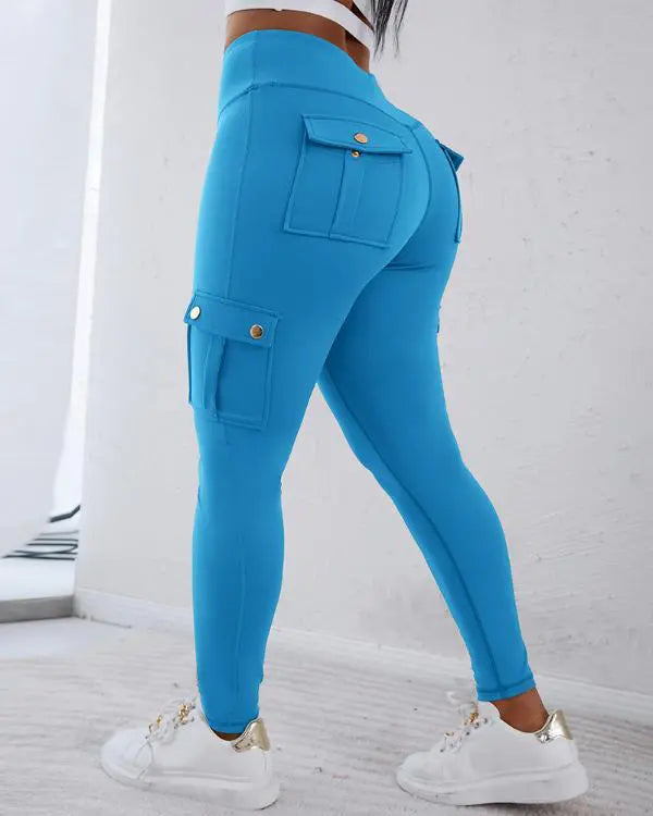Camouflage Print High Waist Skinny Button Leggings with Pocket Casual Pants