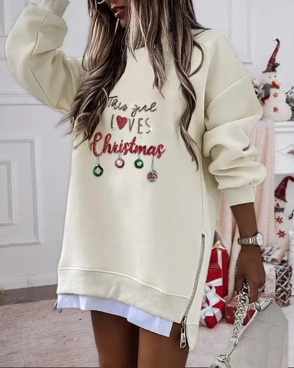 Christmas Rhinestone Wine Glass Pattern Casual Dress Zipper Design Crewneck Long Sleeve Sweatshirt