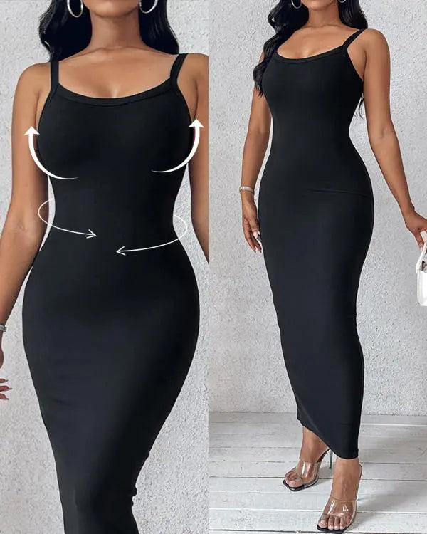 ShapeSculpt Basic Lounge Slip U-Neck Long Dress Elegant Sleeveless Ribbed Bodycon Maxi Dresses