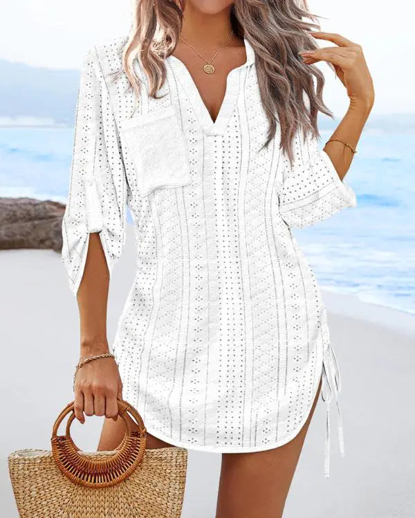 V-Neck Roll Up Sleeve Hollow-out Drawstring Mini Dress Vacation Dress