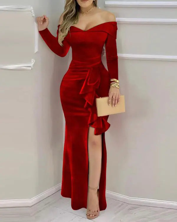 Off Shoulder Velvet Ruffles High Slit Evening Dress