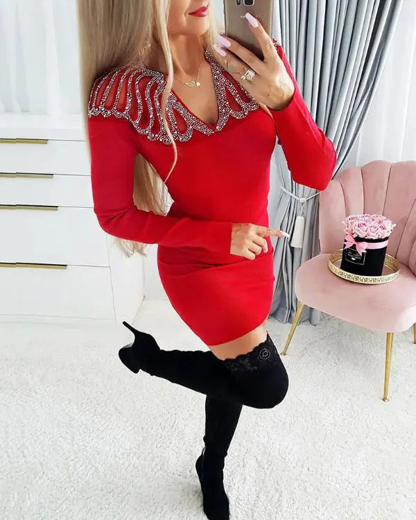 Rhinestone V-Neck Long Sleeve Bodycon Dress Casual Slim Fit Mini Dress