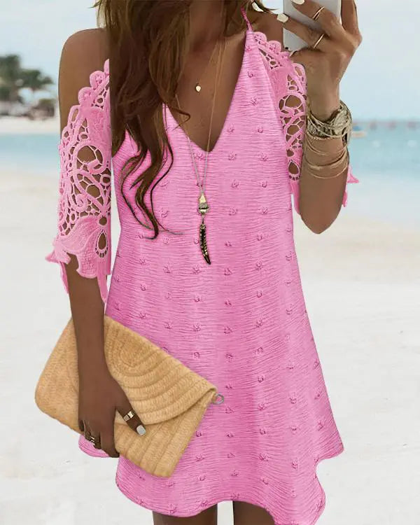 V-Neck Cold Shoulder Sleeveless Lace Hem Straight Dress Vacation Dress