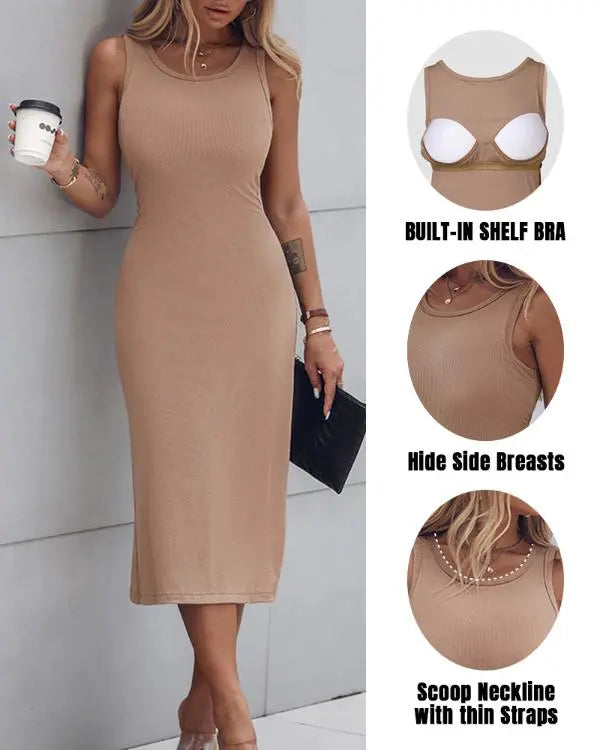 ShapeSculpt Shapewear Built-in Bra Tank Bodycon Dress Sleeveless Crew Neck Slim Casual Ribbed Mid-calf Dress
