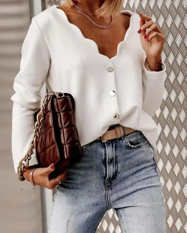 V-Neck Long Sleeve Front Button Cardigan Scallop Design Casual Top