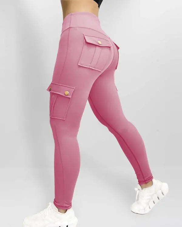 Camouflage Print High Waist Skinny Button Leggings with Pocket Casual Pants