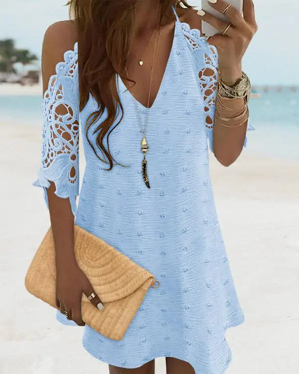 V-Neck Cold Shoulder Sleeveless Lace Hem Straight Dress Vacation Dress