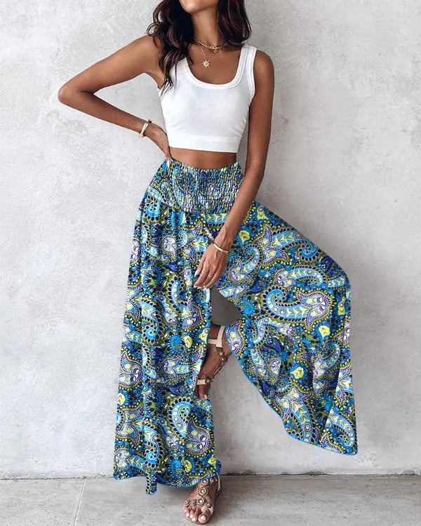 Coconut Tree Print Shirred Wide Leg Pants