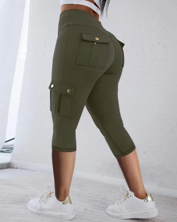 Camouflage Print High Waist Skinny Button Leggings with Pocket Casual Pants