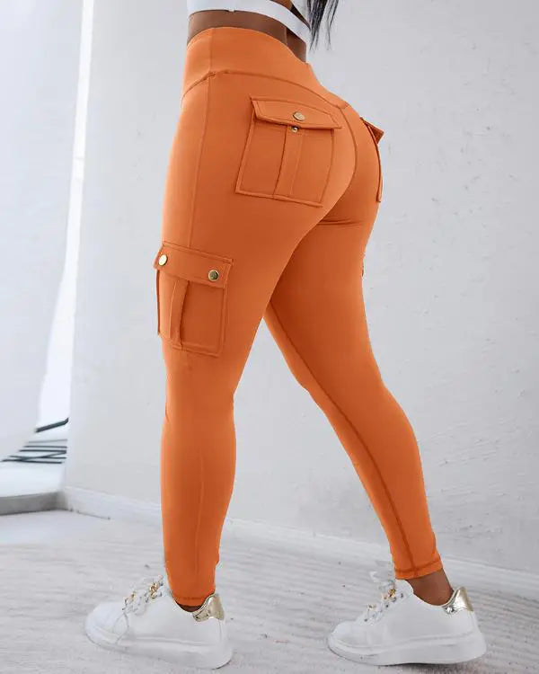Camouflage Print High Waist Skinny Button Leggings with Pocket Casual Pants