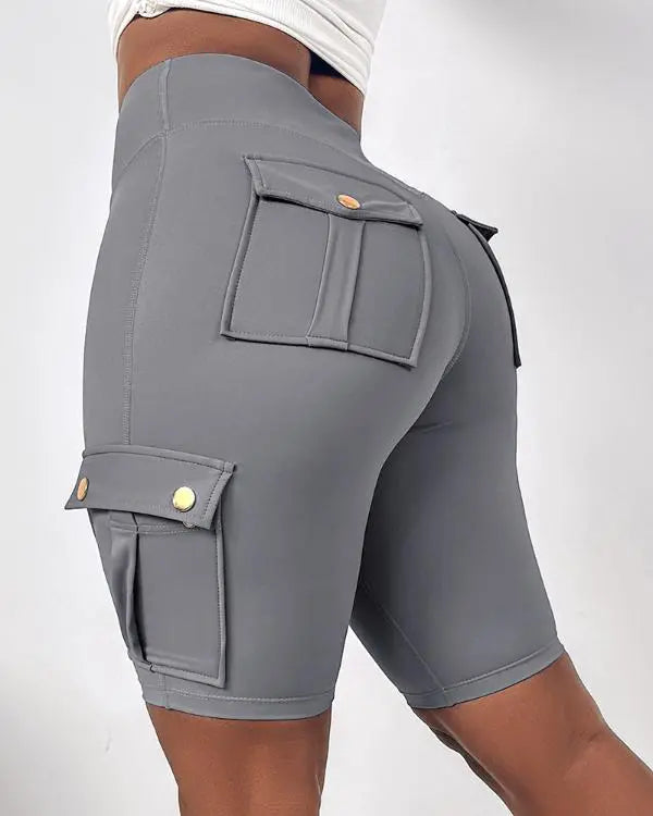 Tummy Control Butt Lifting Active Shorts High Waist Flap Pocket Workout Bermuda Cargo Running Shorts
