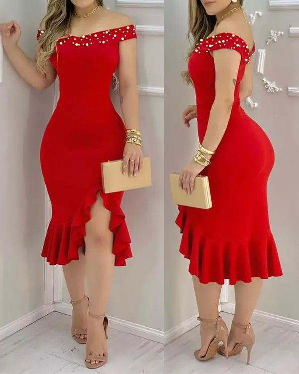 Glitter Off Shoulder Ruffles Slit Dress