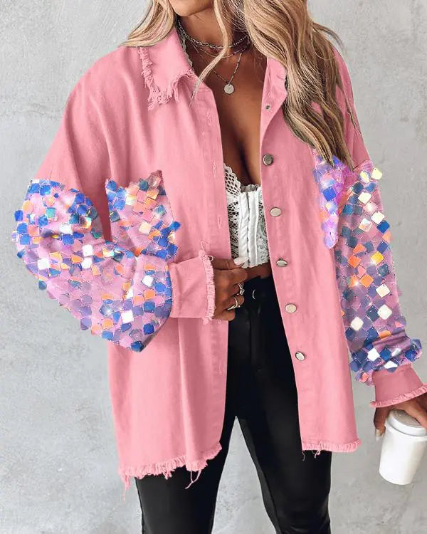 Contrast Sequin Turn-down Collar Long Sleeve Tassel Design Fuzzy Shacket with Pocket