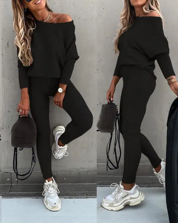 2 Piece Lounge Outfit Long Sleeve Pullover Tops Drawstring High Waisted Pants Set Tracksuit