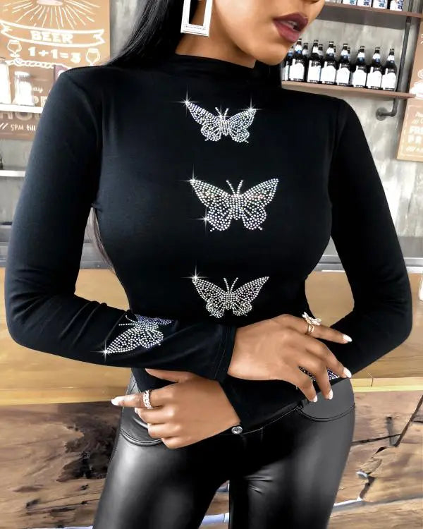 Rhinestone Butterfly Pattern Long Sleeve Top