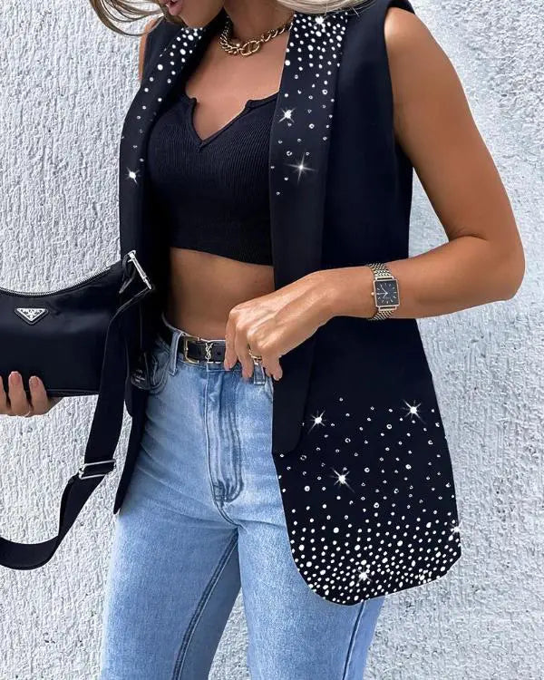 Rhinestone Shawl Collar Sleeveless Blazer Coat Casual Glitter Clubwear Vest