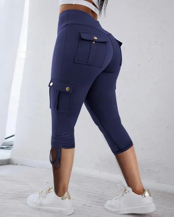 High Waist Pocket Design Drawstring Cargo Workout Pants Casual Slim Fit Yoga Capri Pants