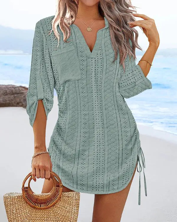 V-Neck Roll Up Sleeve Hollow-out Drawstring Mini Dress Vacation Dress