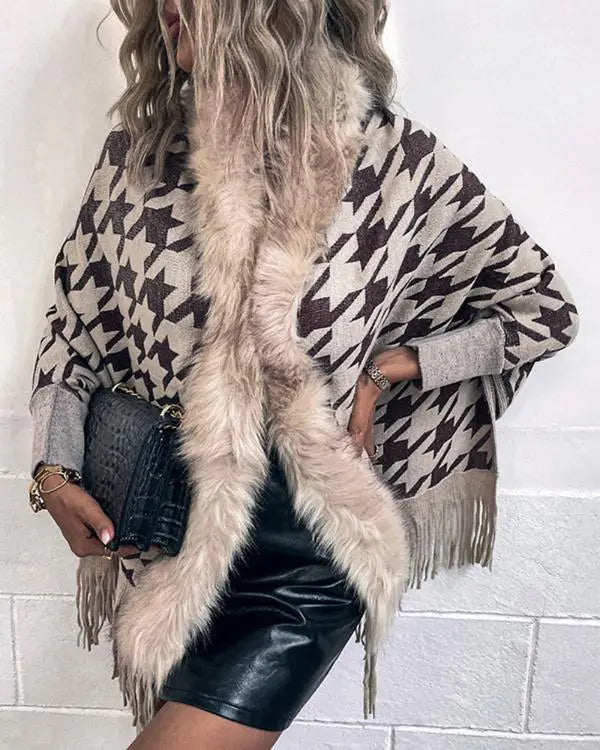 Fuzzy Collar Shawl Poncho Knit Cardigan