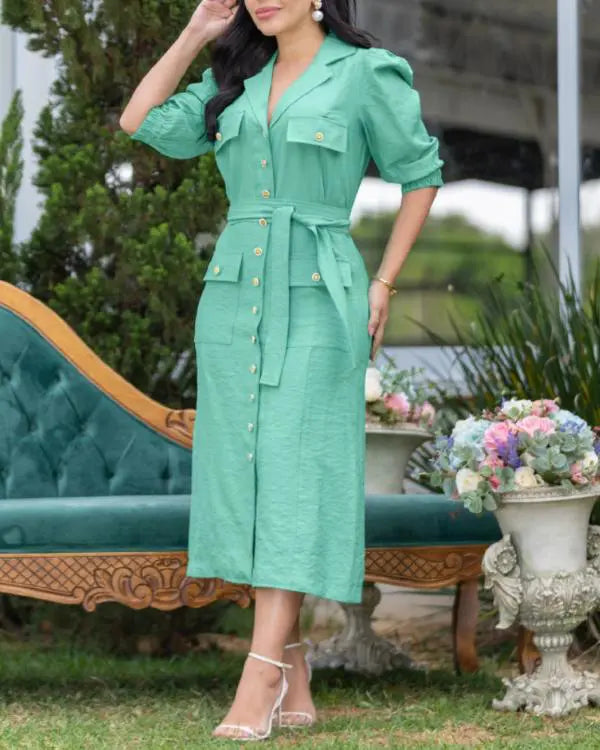 Turn-down Collar Puff Sleeve Button Front Midi Dress Casual Pocket Design A Line Dress with Belt