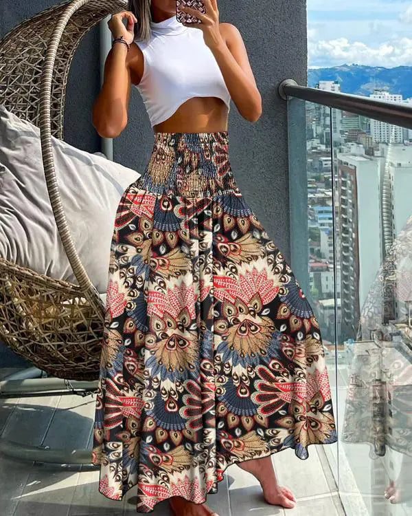 Tropical Print High Waist Wide Leg Pants