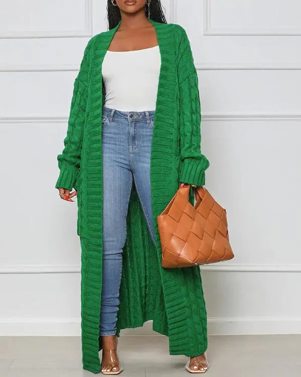 Long Sleeve Cable Knit Longline Cardigan Open Front Sweater with Pockets