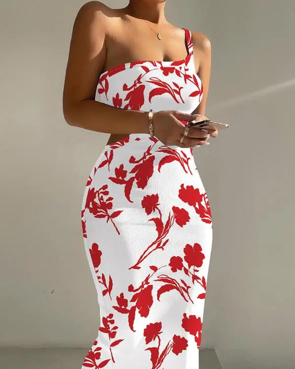 Leopard Butterfly Print One Shoulder Sleeveless Bodycon Dress Sexy Hollow-out Slim Fit Dress