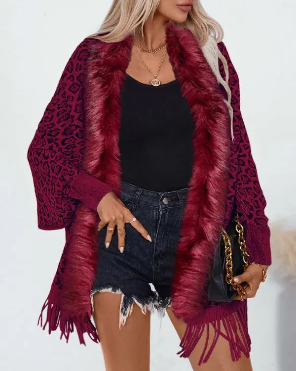 Fuzzy Collar Shawl Poncho Knit Cardigan