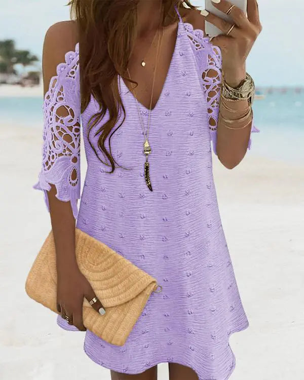 V-Neck Cold Shoulder Sleeveless Lace Hem Straight Dress Vacation Dress