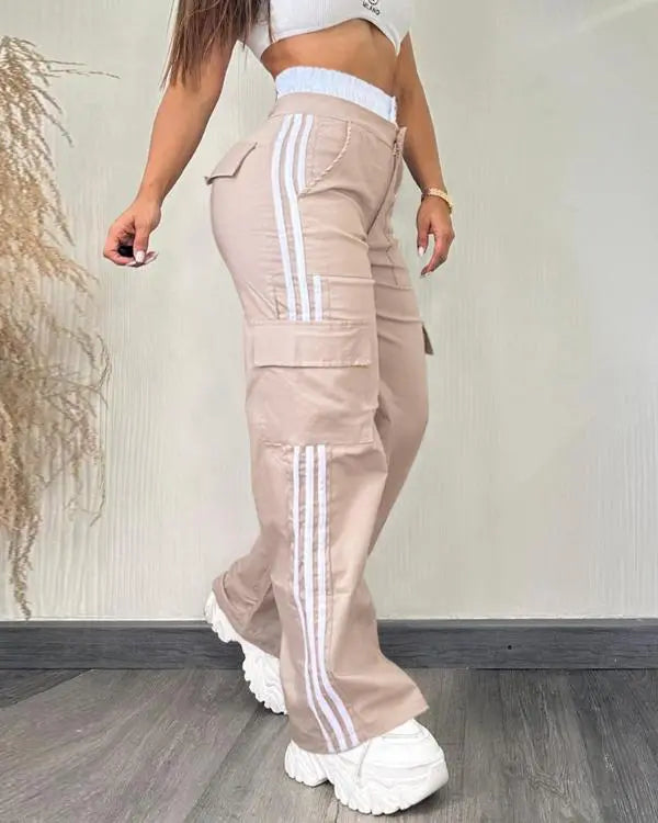Striped Tape Patch Shirred Stretchy High Waist Pants Pocket Design Cargo Pants