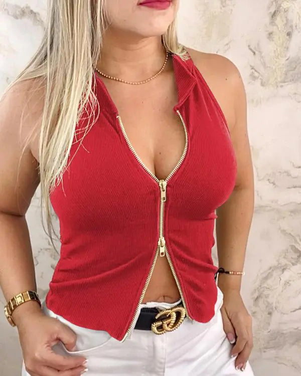 High Neck Sleeveless Slim Fit Front Zipper Tank Casual Top
