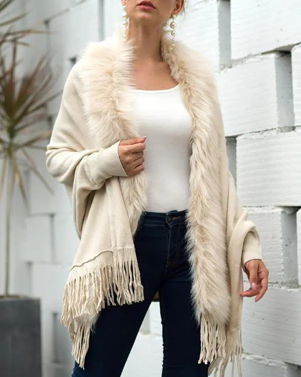 Fuzzy Collar Shawl Poncho Knit Cardigan